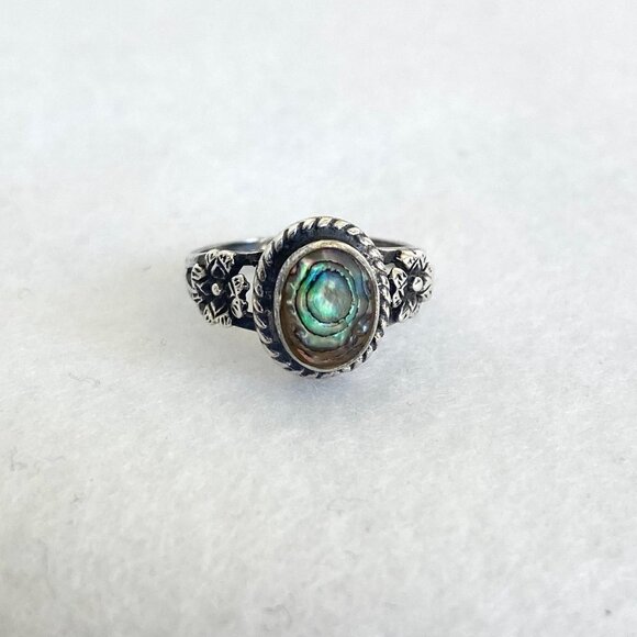 Sterling Silver 925 Bezel Set Oval Abalone Shell Floral Accent Ring Sz 3.75 - Picture 5 of 16